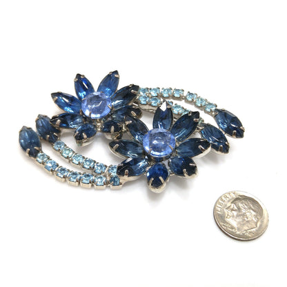 Blue Rhinestone Floral Brooch, Rhodium Plated, 1960s Vintage Jewelry