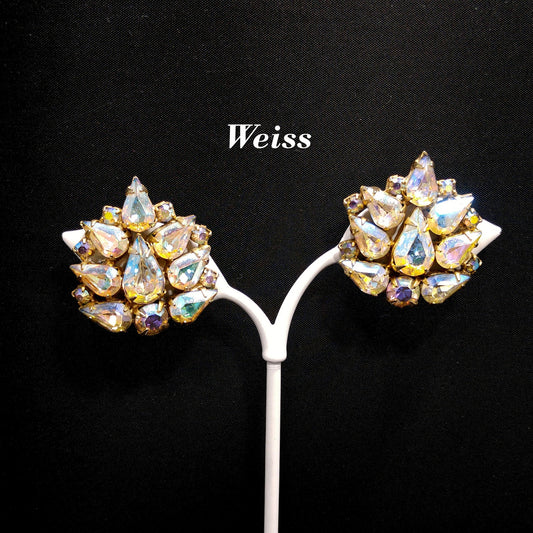 Weiss Aurora Borealis Teardrop Rhinestone Earrings, Gold Plated, 1950s Vintage Jewelry