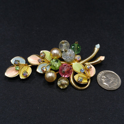 Kramer Made in Austria Floral Brooch, Rhinestones & Enamel Pastels 1950s Vintage
