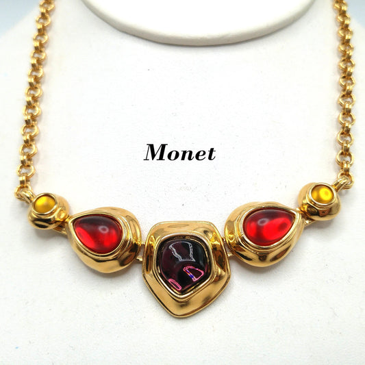 Monet Gold Plated Choker Necklace, Red Purple Glass Cabochons, 1980s Vintage Jewelry