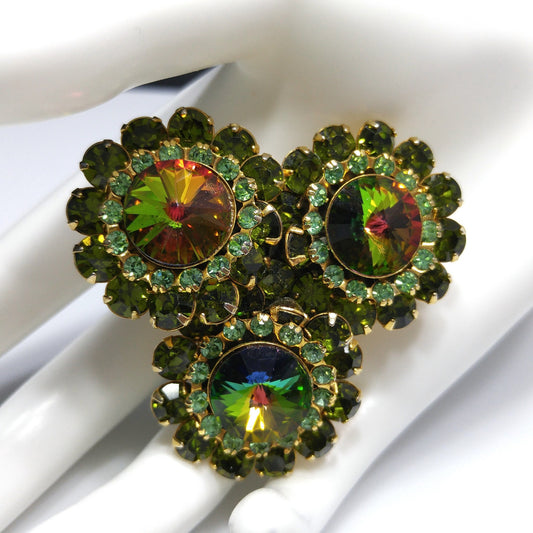 Green Watermelon Rivoli Rhinestone Brooch, Uranium Glass Rhinestones, 1960s Vintage Jewelry