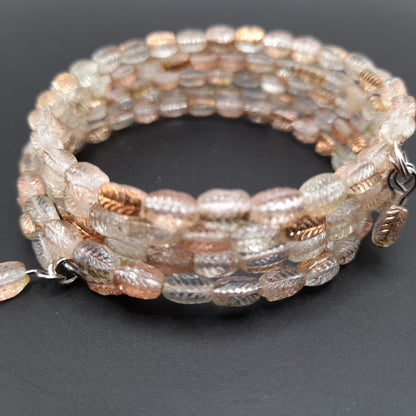 Vintage Art Glass Leaf Bead Memory Wire Bracelet – Clear Gold Leaf Design