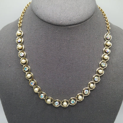 Mid-Century Faux Pearl AB Rhinestone Necklace, Aurora Borealis, 1960s Vintage Jewelry