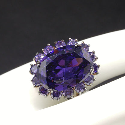 Vintage Sterling Silver Purple CZ Oval Cocktail Ring Size 9 1990s Statement