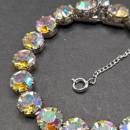 Weiss Style Aurora Borealis Crystal Bracelet, Rhodium Plated, Safety Chain, Vintage Jewelry