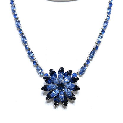 Kramer of New York Blue Rhinestone Floral Pendant Choker Necklace, 1950s Vintage Jewelry