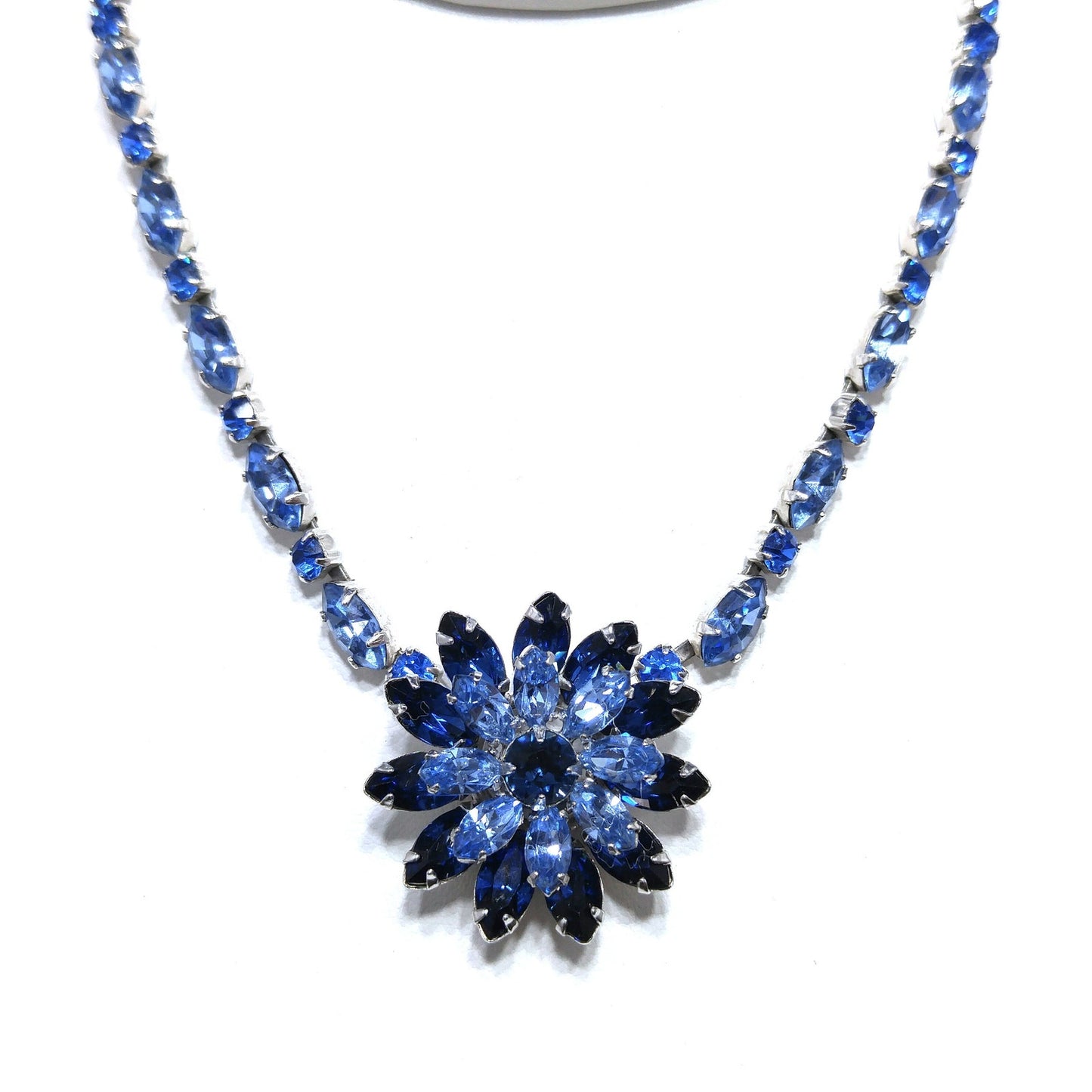 Vintage Kramer of New York Blue Rhinestone Flower Choker Necklace 1950s
