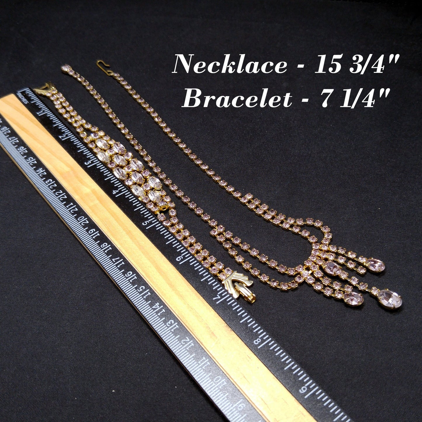 Vintage Lavender Rhinestone Festoon Necklace Bracelet Set, Gold Plated, 1950s Vintage Jewelry