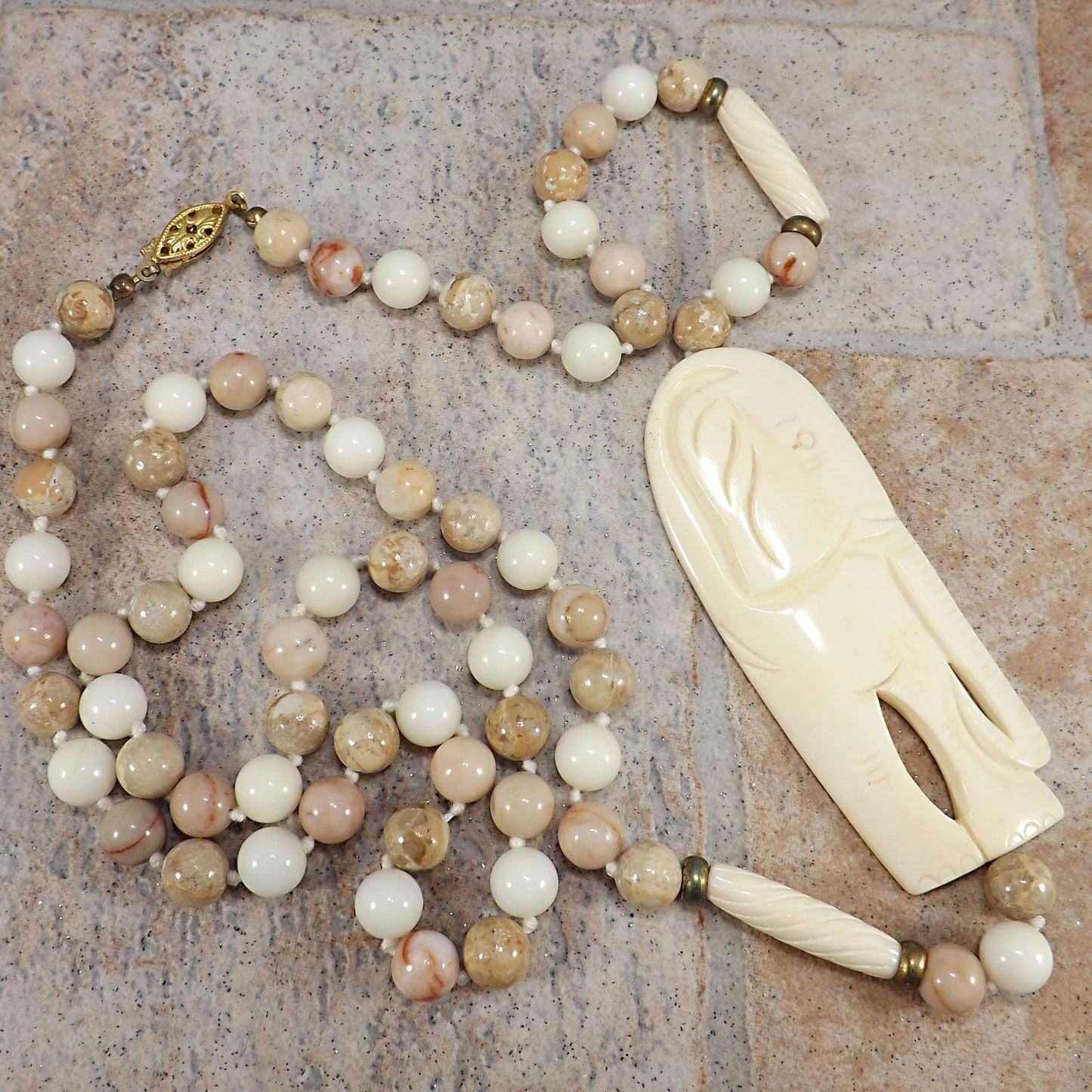 1950s Elephant Pendant Gemstone Beaded Necklace Hand Knotted 32” Vintage Jewelry