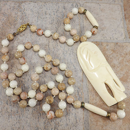 1950s Elephant Pendant Gemstone Beaded Necklace Hand Knotted 32” Vintage Jewelry