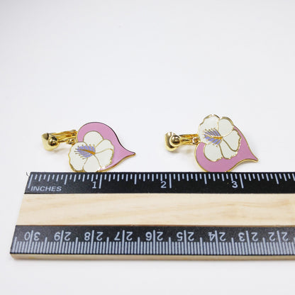 Vintage Laurel Burch "Hibiscus Heart" Clip Earrings, Cloisonne Gold Plated, 1980