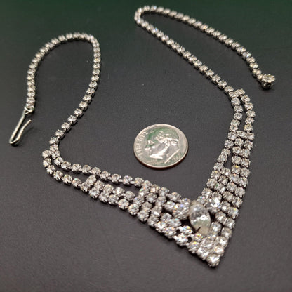 Eisenberg Ice Clear Rhinestone Necklace, Mid-Century Rhodium Plated, 1960s Vintage Jewelry