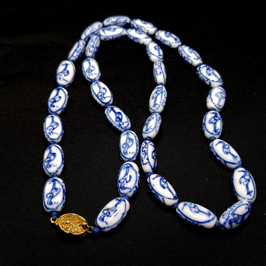 Hand Painted Blue Heron Birds Beaded Necklace, 1950s Vintage