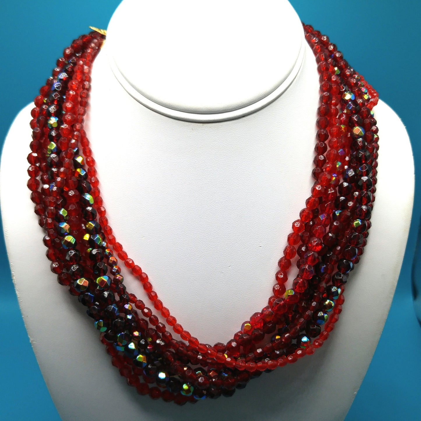 Red Fire Polished Bead Necklace, Nine Strands, 1980s Vintage Jewelry