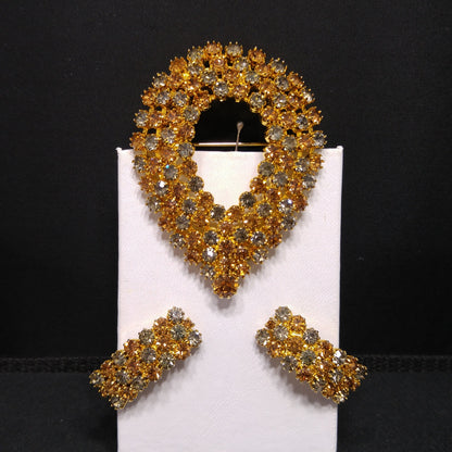 Kramer Topaz Rhinestone Brooch Clip Earrings Set, Gold Plated, 1960s Vintage Jewelry