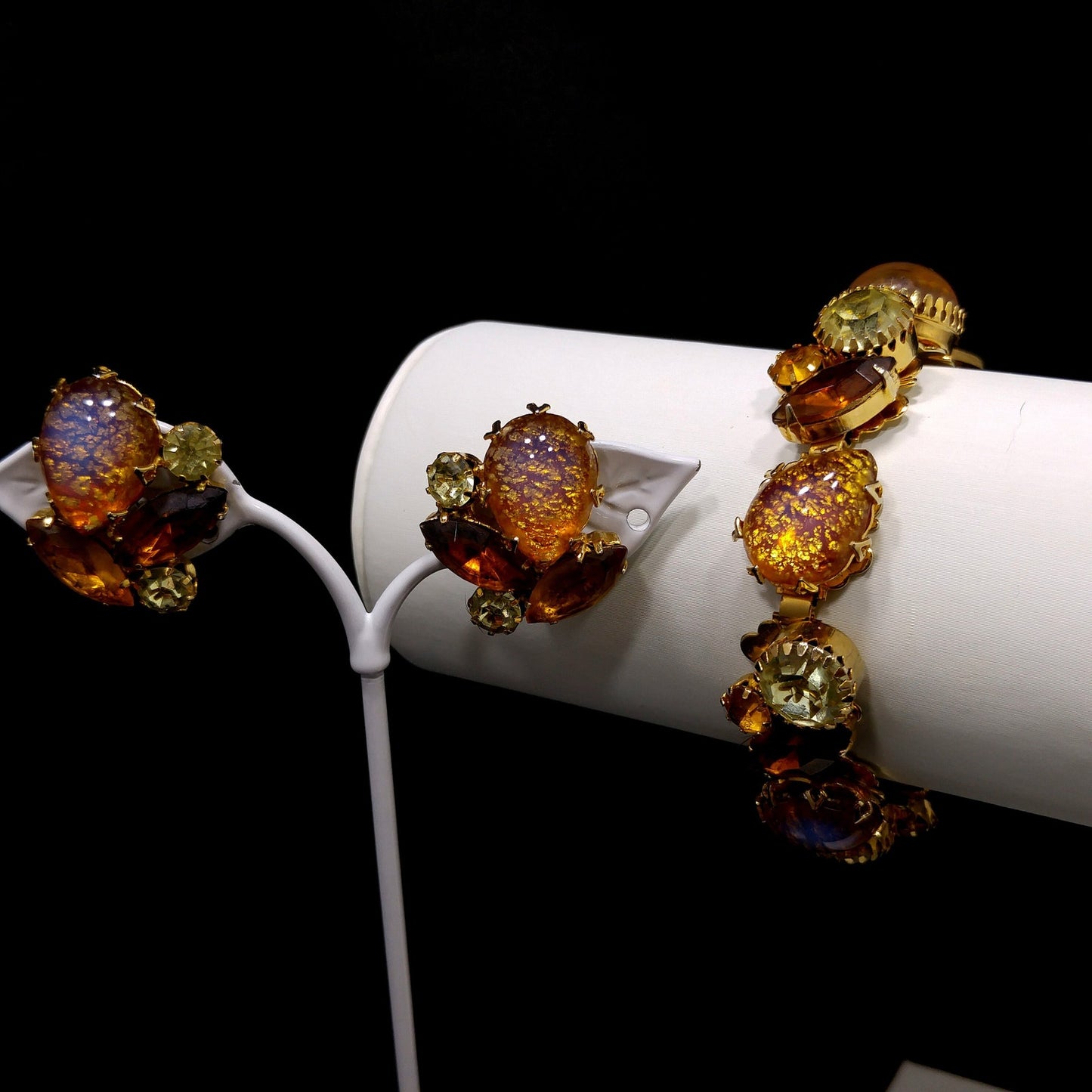 Gold Foil Faux Opal Rhinestone Bracelet & Earrings, Light Topaz Jonquil Rhinestones, 1960s Vintage Jewelry