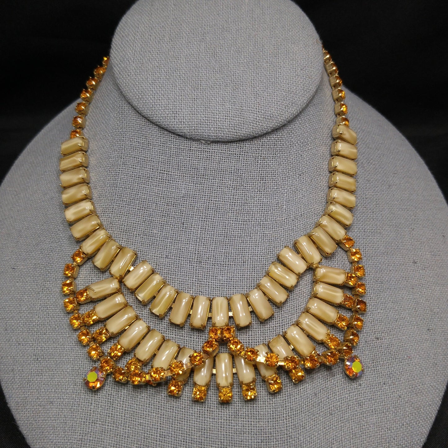 Vintage Weiss Festoon Topaz Rhinestone Necklace, Book Piece, Art Glass & Rhinestones