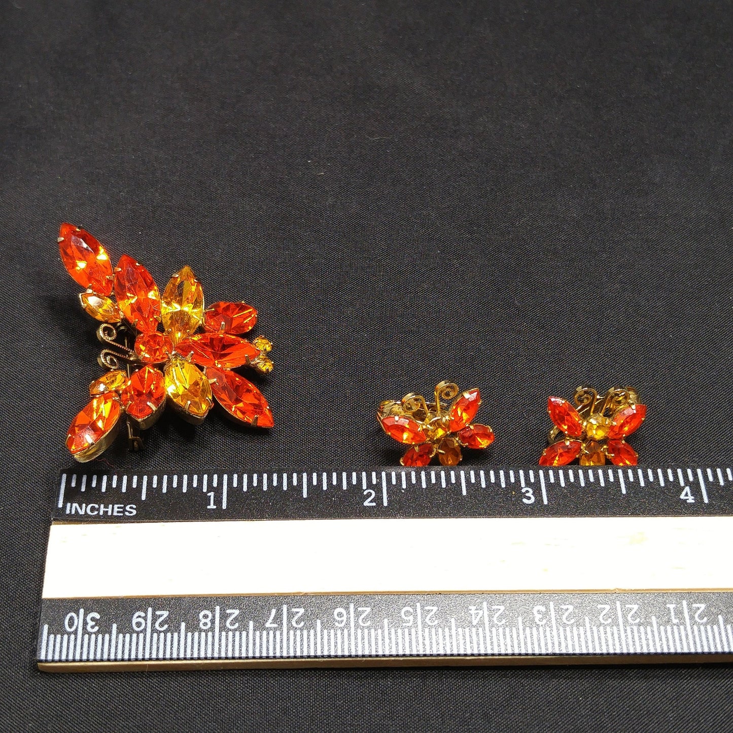 Orange & Topaz Rhinestone Butterfly Brooch Earrings Set, Gold Plating, 1960s