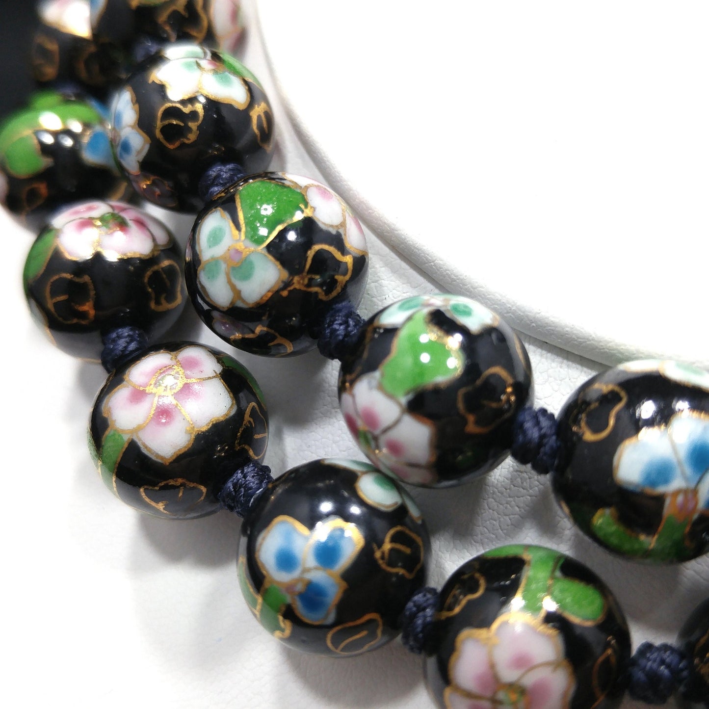 Vintage Black Cloisonné Floral Beaded Necklace, Pink Green Flowers, 1960s Vintage Jewelry