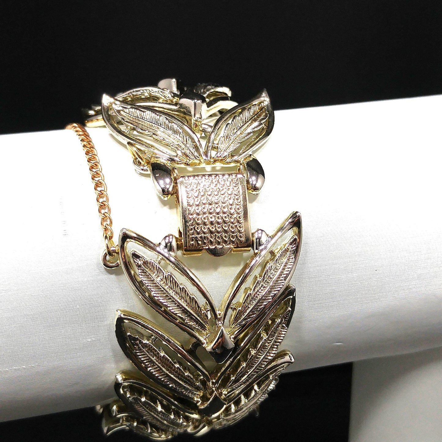 Coro Pegasus Leaves Wide Bracelet, Gold Plated, Safety Chain, 1950s Vintage Jewelry