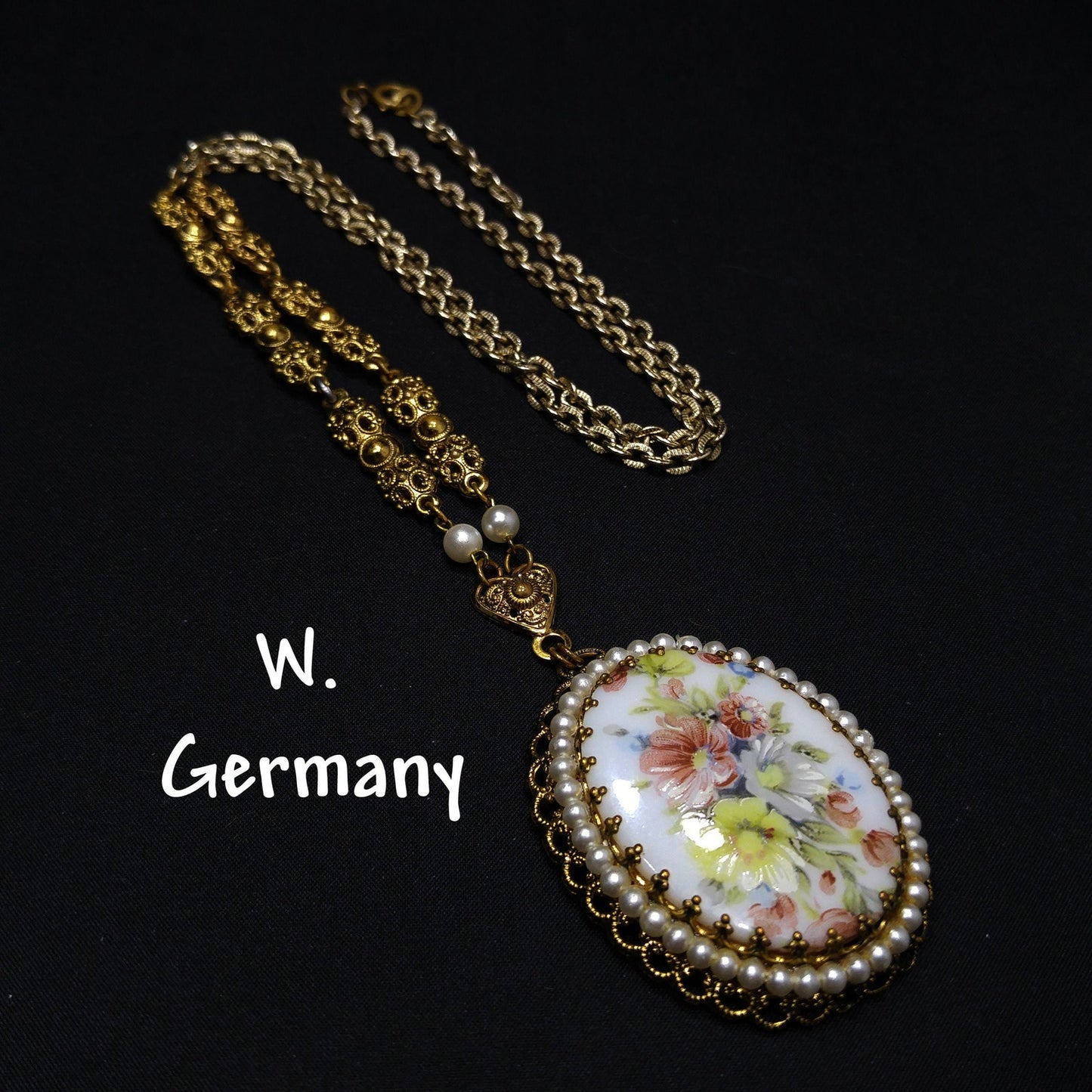 West Germany Floral Ceramic Pendant Necklace, Faux Pearls, 1960s Vintage Jewelry
