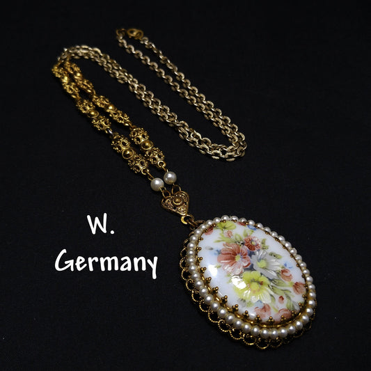 West Germany Floral Ceramic Pendant Necklace, Faux Pearls, 1960s Vintage Jewelry