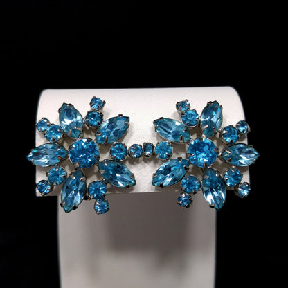 Sherman Turquoise Rhinestone Earrings, Screw-back Rhodium Plated, 1950s Vintage Jewelry