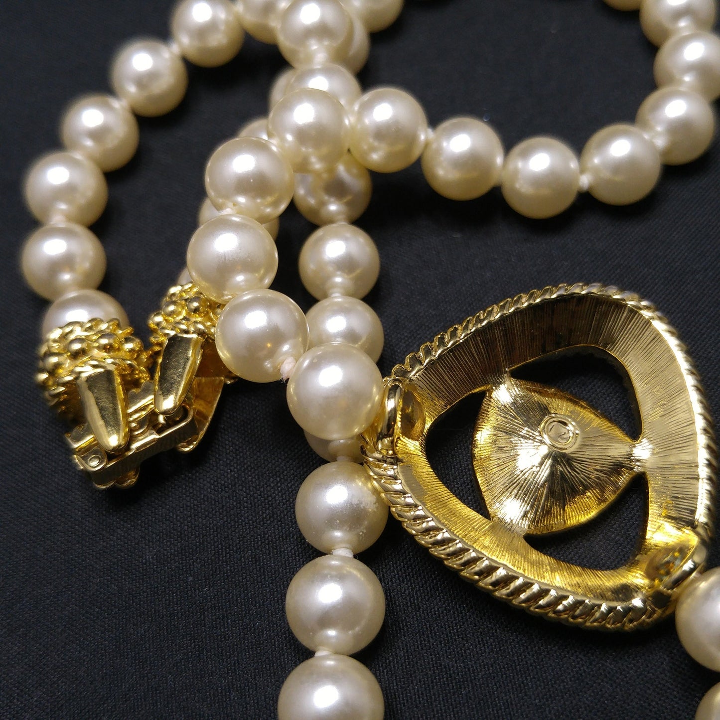 Swarovski Faux Pearl Necklace with Black Crystal Pendant, Gold Plated, 1990s Vintage