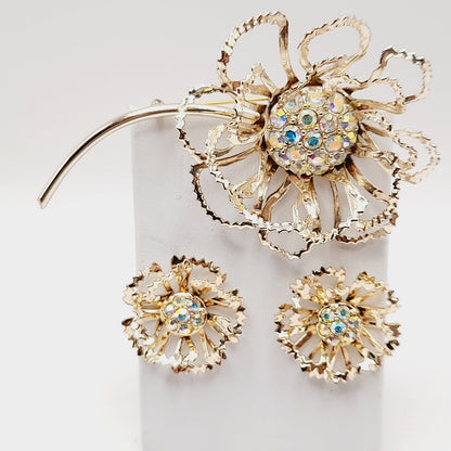 Vintage Sarah Coventry AB Rhinestone Centers Gold Tone Flower Brooch Clip Earrings Set