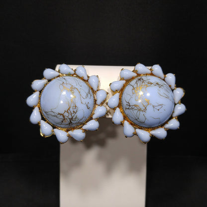 Weiss Light Blue & Gold Marbled Art Glass Earrings, Gold Plated, 1950s Vintage