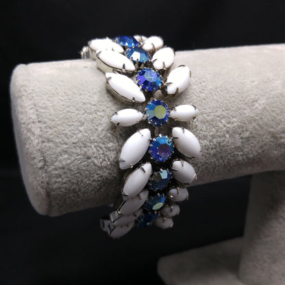 Vintage Weiss Blue AB Rhinestone Bracelet, White Milk Glass Cabochons, Rhodium Plated