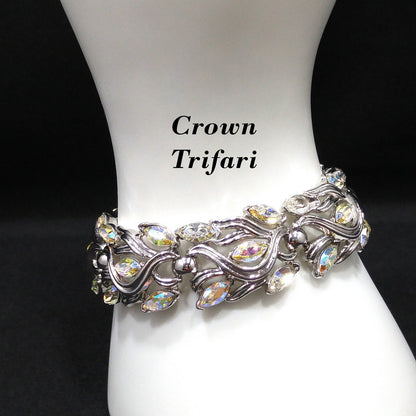 Crown Trifari Wedding Rhinestone Bracelet, Rhodium Plated, Aurora Borealis, 1960s Vintage Jewelry