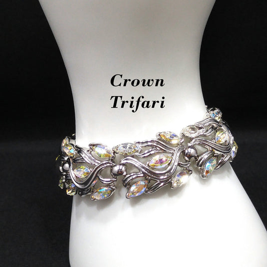 Crown Trifari Wedding Rhinestone Bracelet, Rhodium Plated, Aurora Borealis, 1960s Vintage Jewelry