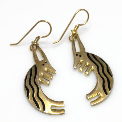 Laurel Burch "Conejo" Rabbit Dangle Earrings, Striped Black Enamel, 1980s Vintage Jewelry