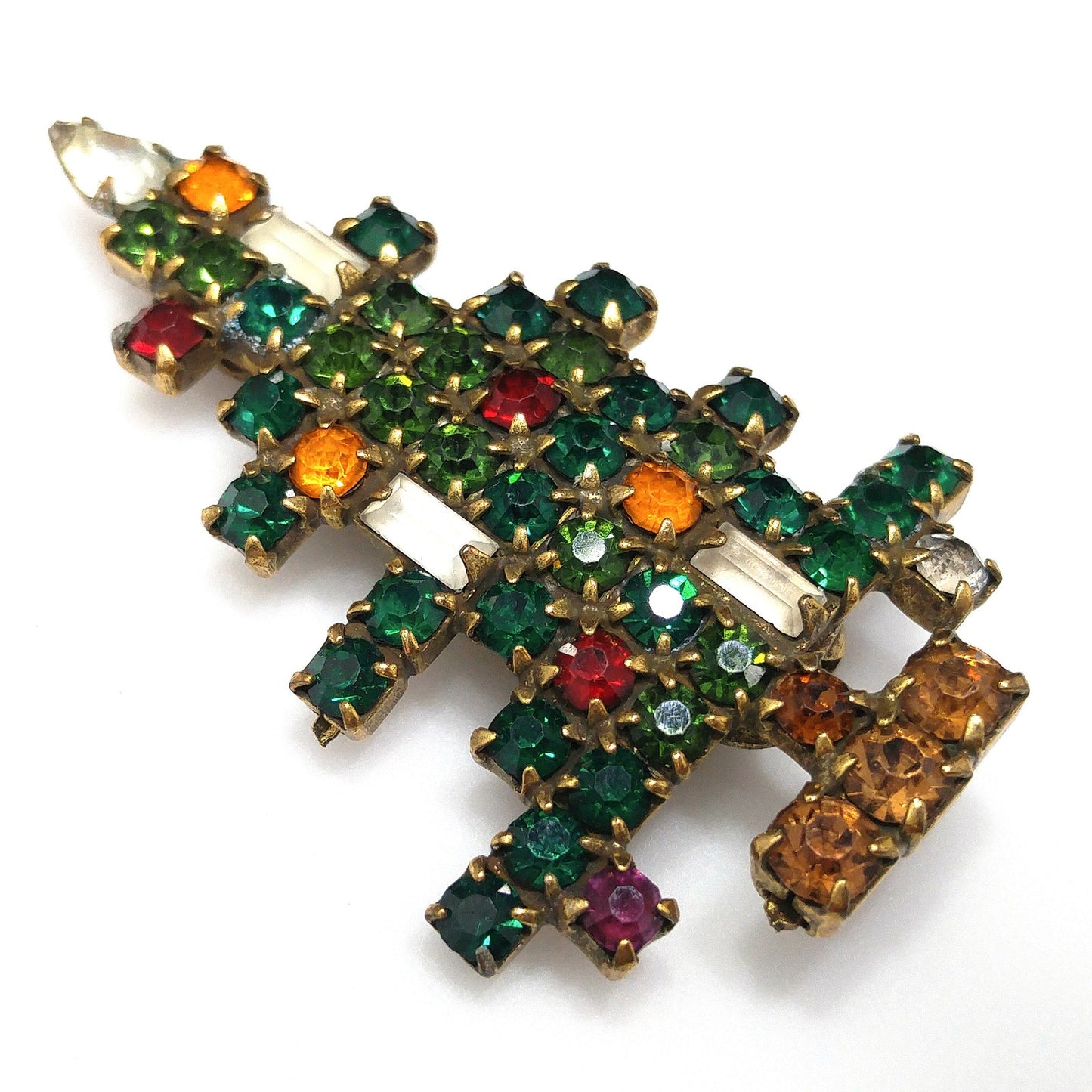 Weiss Christmas Tree Brooch, Three Baguette Candles, Book Piece, 1950s Vintage Jewelry