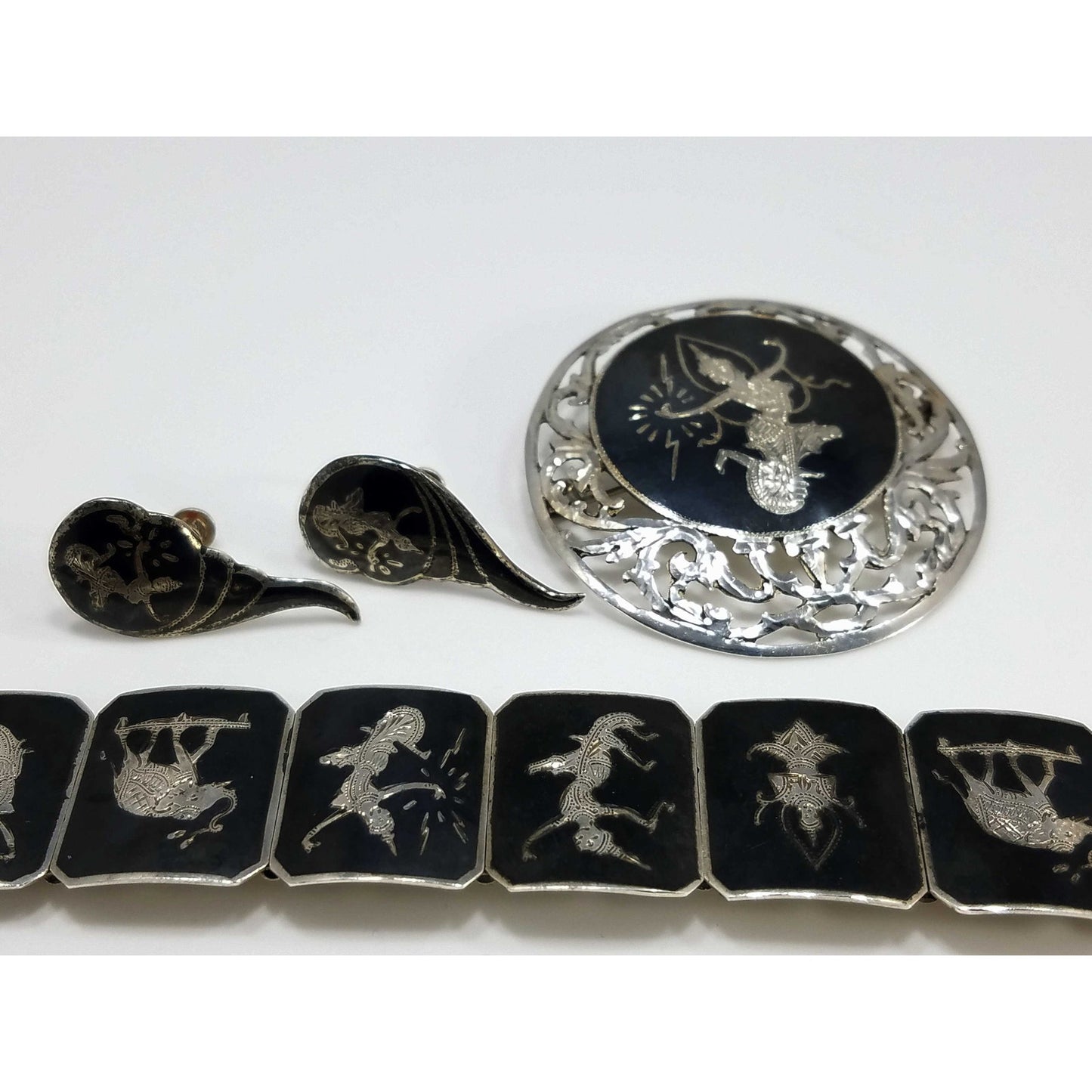 Vintage Siam Sterling Niello Silver Bracelet Brooch Earrings Set Mekkala Goddess
