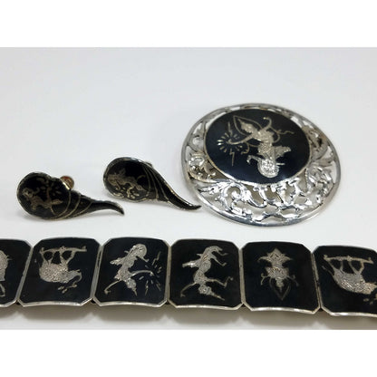 Vintage Siam Sterling Niello Silver Bracelet Brooch Earrings Set Mekkala Goddess