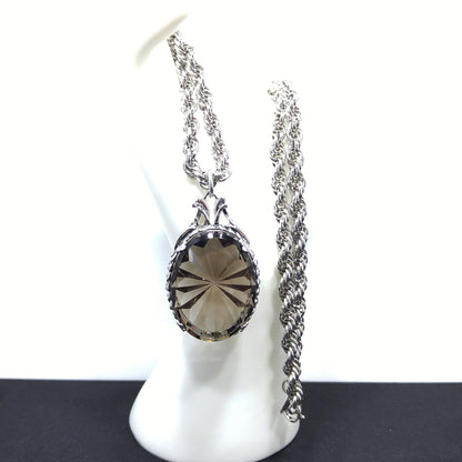Whiting & Davis Smoky Tourmaline Faceted Pendant Necklace,  Rope Chain, 1960s