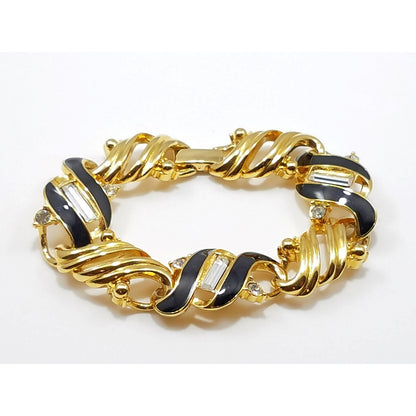 Vintage Crown Trifari Gold Plated Black Enamel Bracelet, Clear Rhinestones, 1960