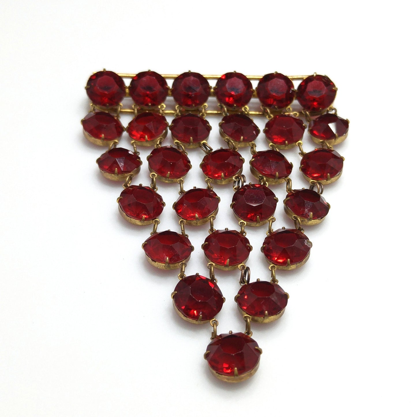 Garnet Red Crystal Rhinestone Hanging Brooch, Large Pointed Back Glass Stones, 1940s Vintage Jewelry