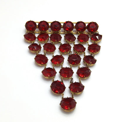 Garnet Red Crystal Rhinestone Hanging Brooch, Large Pointed Back Glass Stones, 1940s Vintage Jewelry