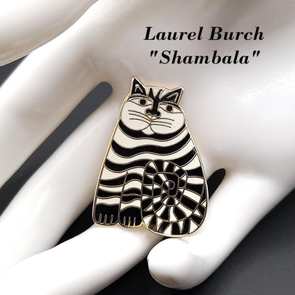 Laurel Burch "Shambala" Cat Brooch Pendant, Black White Enamel, Gold Plated, 1980s Vintage Jewelry