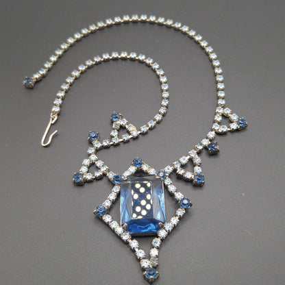Mid-Century Blue Glass Pendant Necklace, Dark Light Blue Rhinestones, 1950s Vintage Jewelry