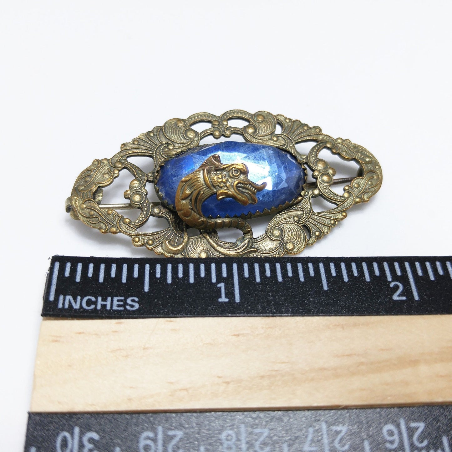 Antique Art Nouveau Brass Dragon Brooch Blue Glass Jewel Open C Clasp 1910s