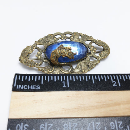 Antique Art Nouveau Brass Dragon Brooch Blue Glass Jewel Open C Clasp 1910s