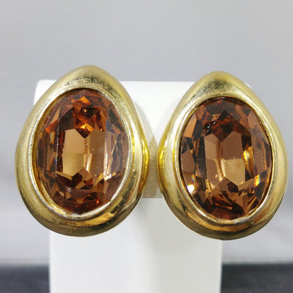Ciner Large Topaz Rhinestone Earrings, Gold Plated, 1980s Vintage Jewelry
