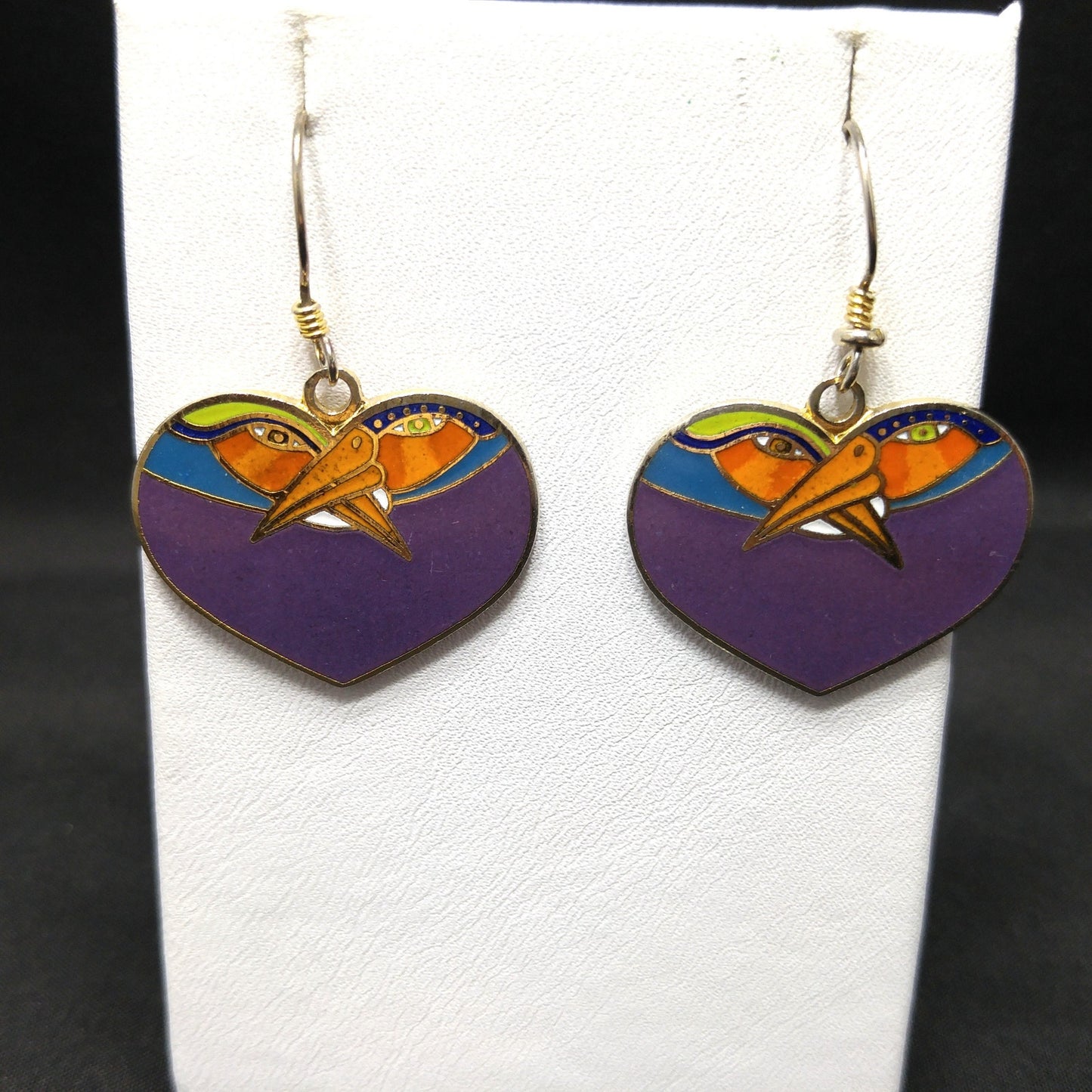 Vintage Laurel Burch Purple Bird Heart Earrings, Gold Plated