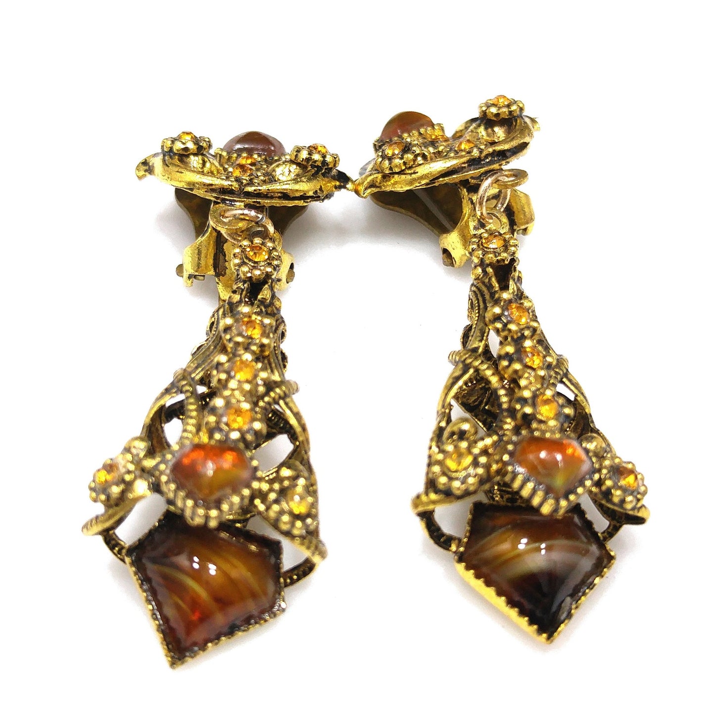 Filigree Topaz Art Glass Brooch & Clip Earrings, Dangle Earrings, 1950s Vintage Jewelry