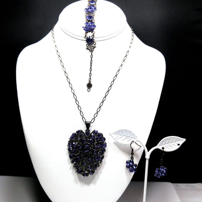 Austrian Crystal Lavender Necklace Bracelet Earrings Set, Ear Wire Earrings, Vintage Jewelry