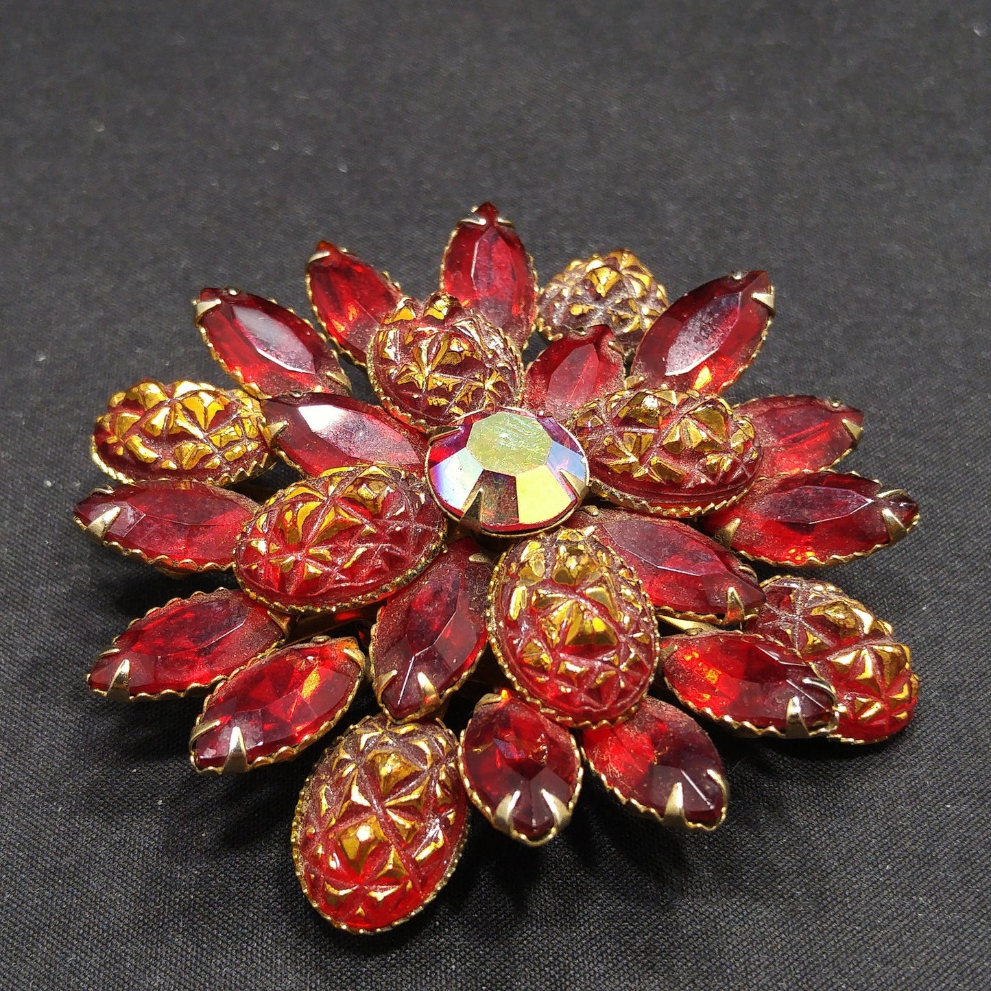 Judy Lee Red Rhinestone Brooch, Red Gold Molded Glass Petals, 1960s Vintage Jewelry